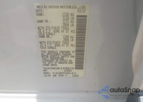 2017 Nissan Murano Platinum z USA, uszkodzony, nr VIN 5N1AZ2MG5HN149656